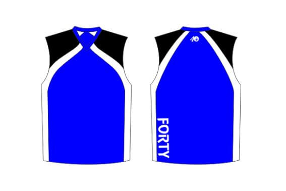 blue sleeveless jersey with white sides and black shoulders
