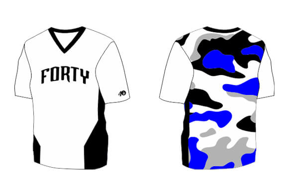 white front with blue, grey, and black camo on the back short sleeve