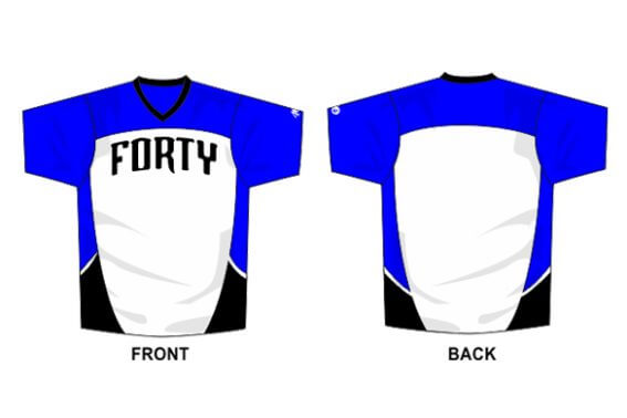 white front, black and blue side and shoulder short sleeve