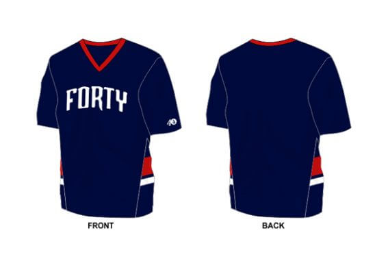 navy short sleeve with read and white detailing on the side