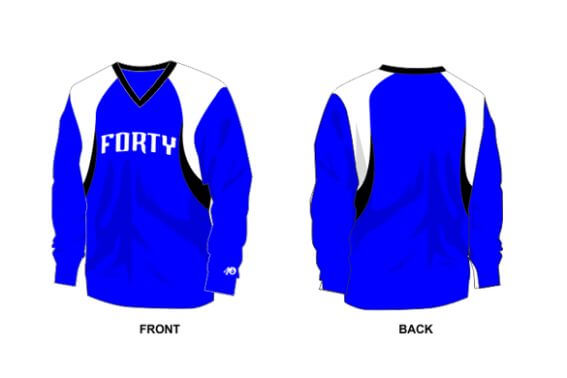 blue long sleeve with white and black shoulder details