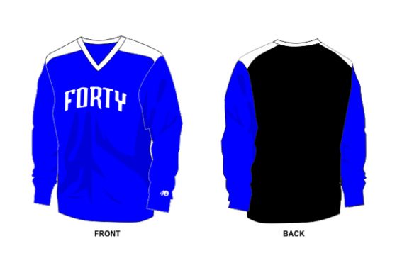black back, blue front, and white shoulders shirt long sleeve