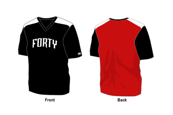black front and red back with white shoulders shirt