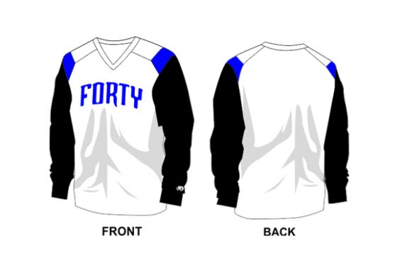 white shirt with black long sleeves and blue detailing shirts