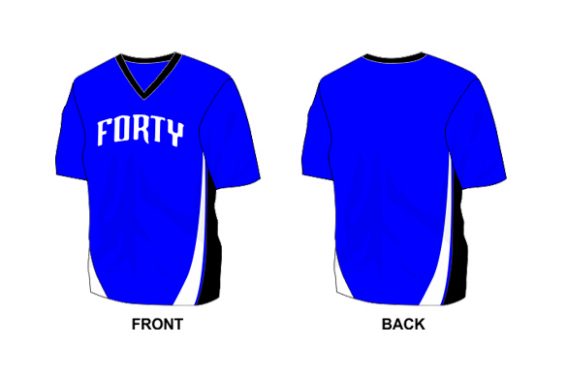 blue with white and black details shirt