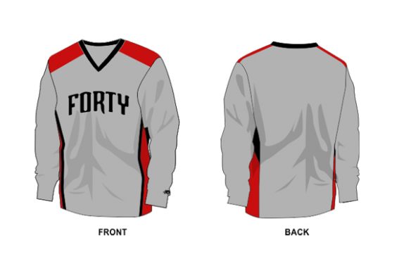 long sleeve grey shirt with red details and black text across chest