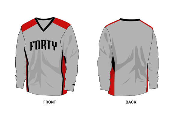 long sleeve grey shirt with red details and black text across chest