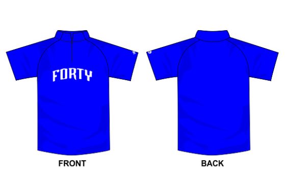 blue shirt with white text in center of chest