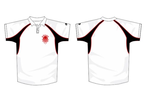 white polo design with black and red detailing